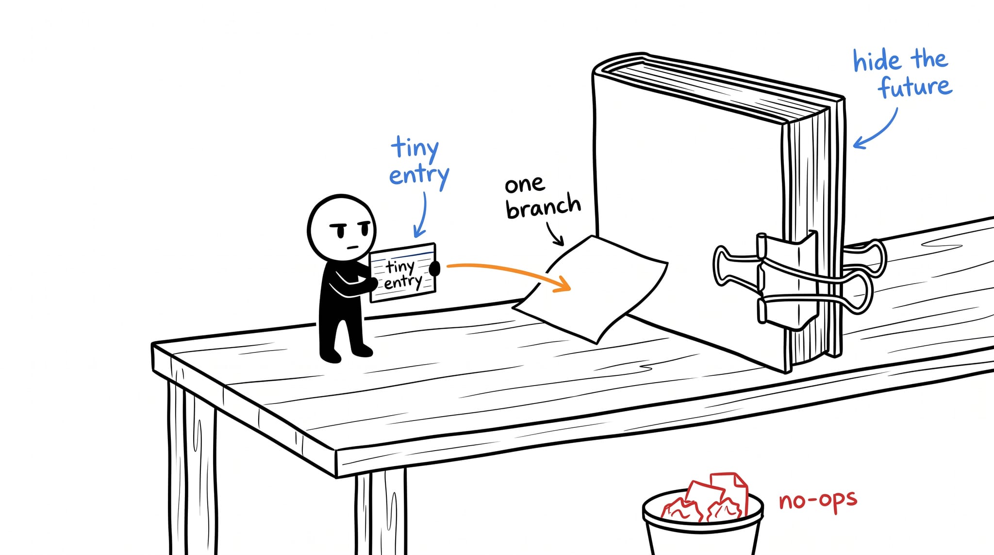 Hand-drawn line illustration: the little black creature holds up a tiny SKILL.md index card; one thin reference page slides out of a giant binder-clipped book while crumpled no-op pages pile in a waste bin