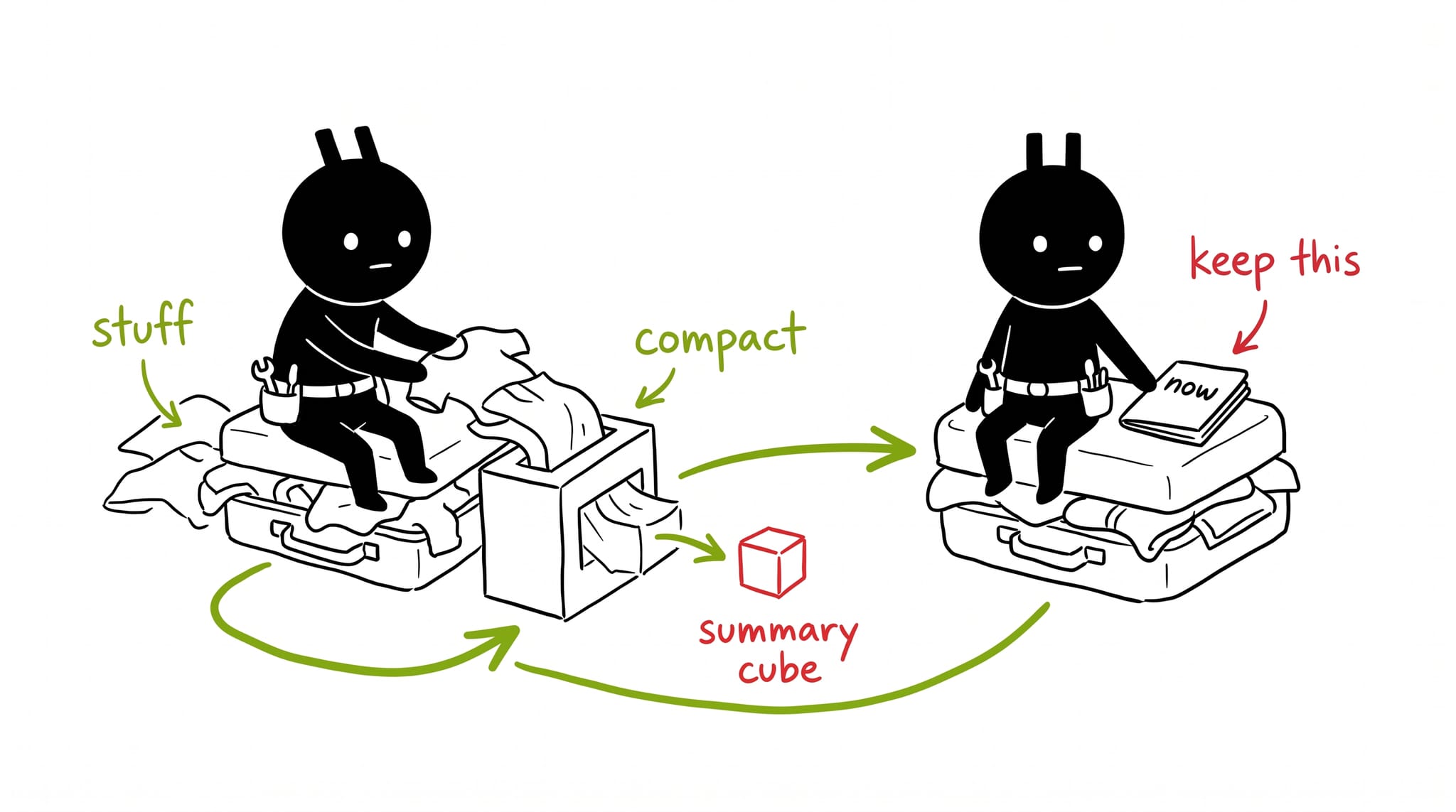 Hand-drawn illustration of the portling compacting an overstuffed context suitcase into a summary cube
