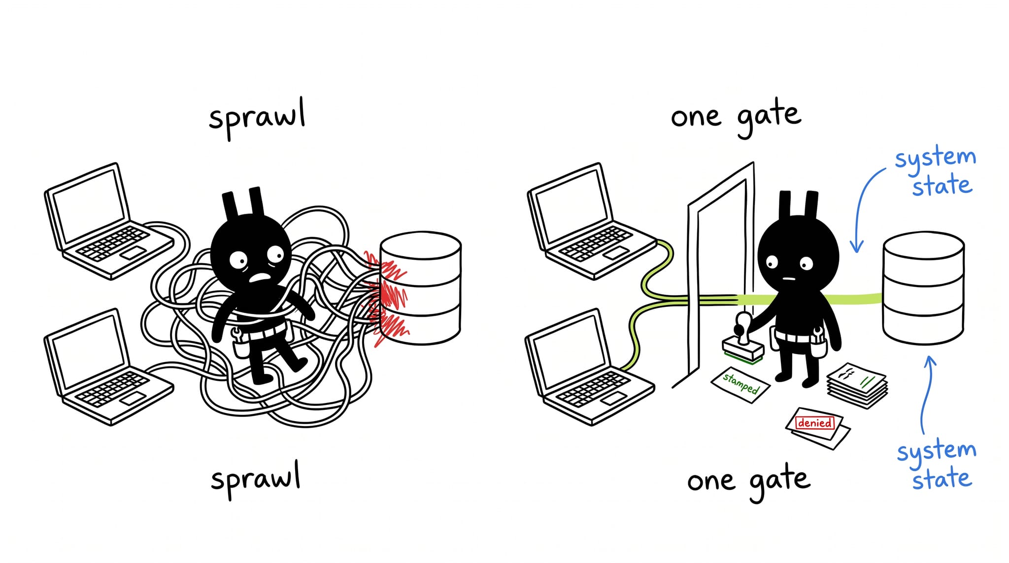 Portling guarding a single gateway while scattered cables bypass it